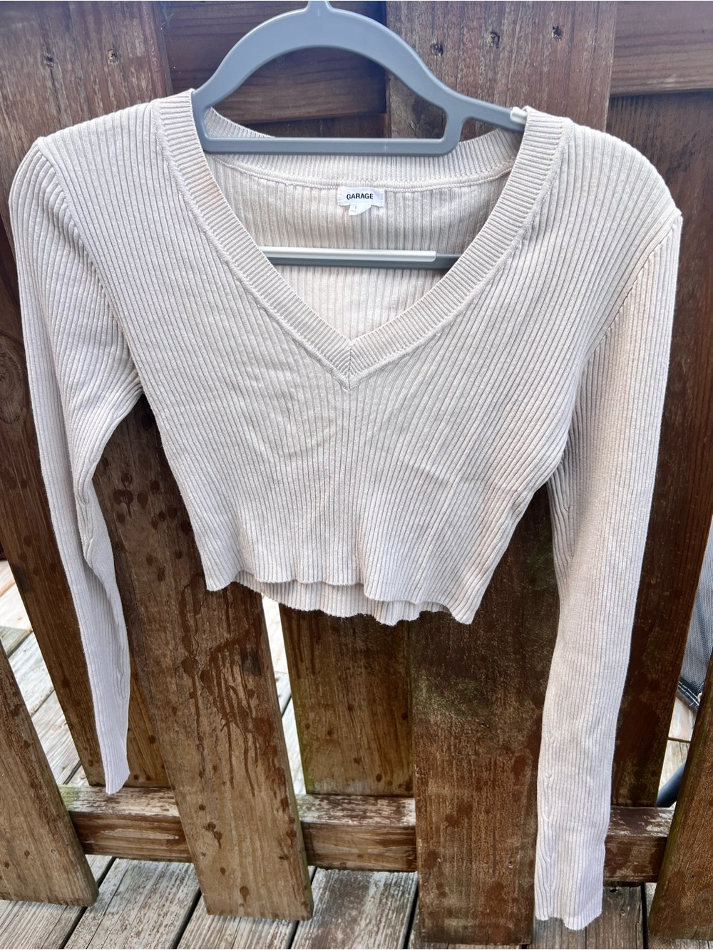 Garage Cream Ribbed V-Neck Cropped Long Sleeve Top